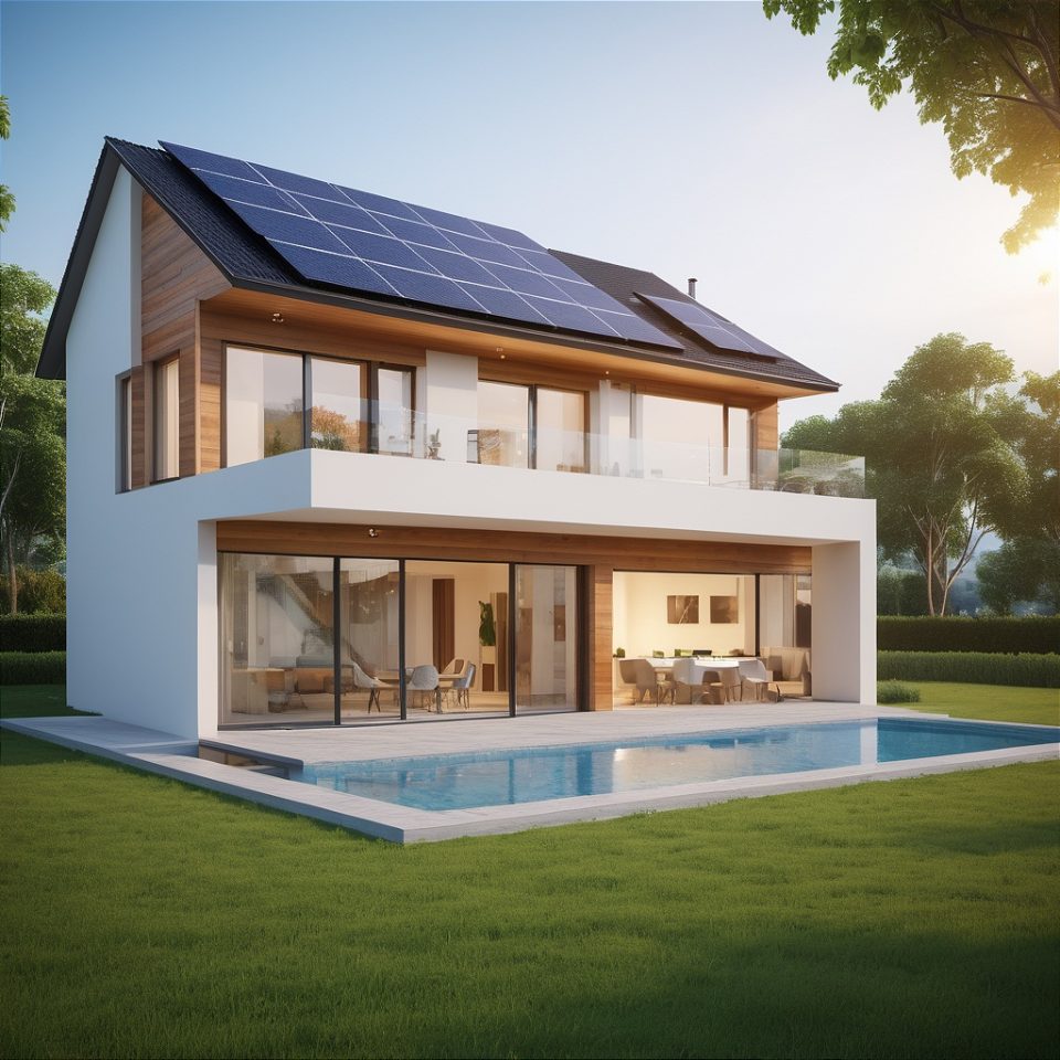 Casă cu panouri fotovoltaice și pompă de căldură