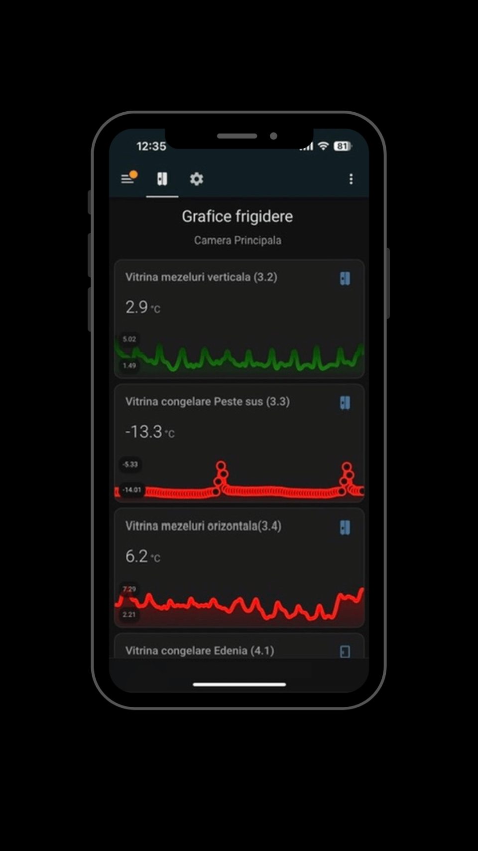 Graficele temperaturilor în aplicația mobilă